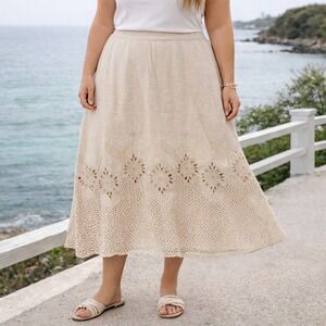 Chicos Linen Eyelet Lace Crochet Hem Midi Skirt Beige Women's Size 3 16/18